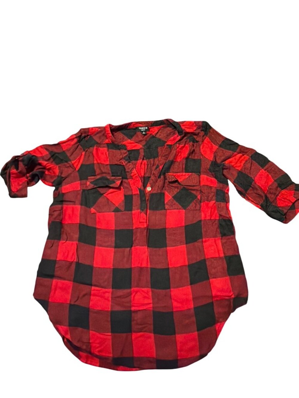 Torrid Harper Red Black Buffalo Plaid Shirt Chest Pockets 3/4 Sleeves Sz 0 Large